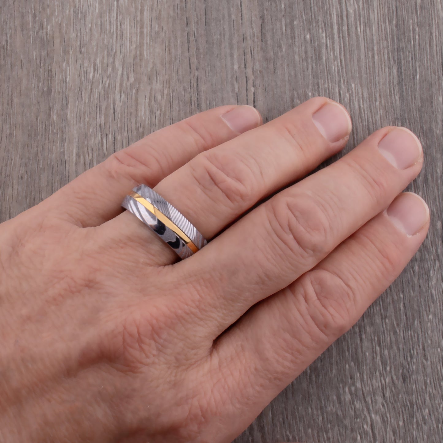 Damascus Steel and Yellow Gold Tungsten Wedding Band - 8mm Width