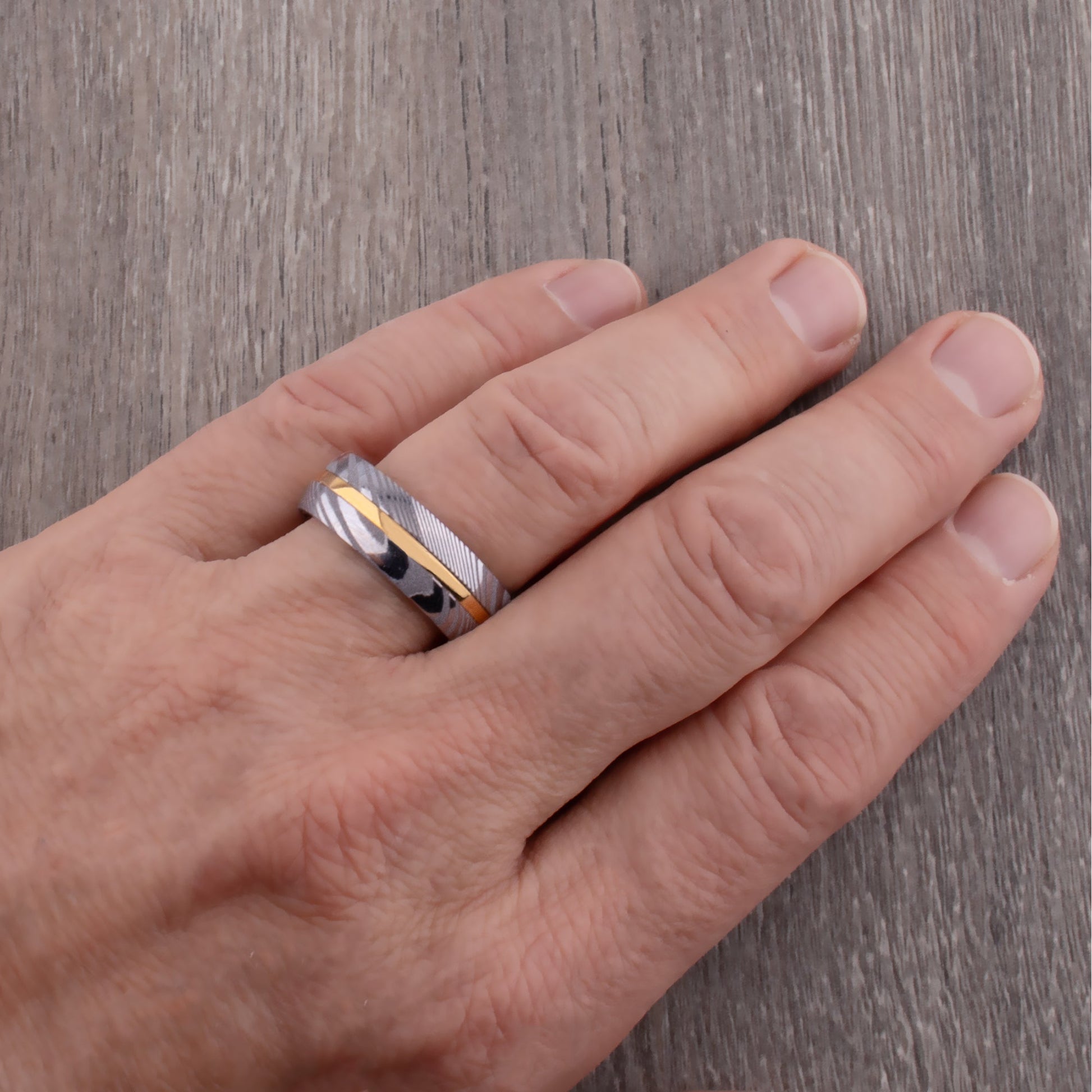 Damascus Steel and Yellow Gold Tungsten Wedding Band - 8mm Width