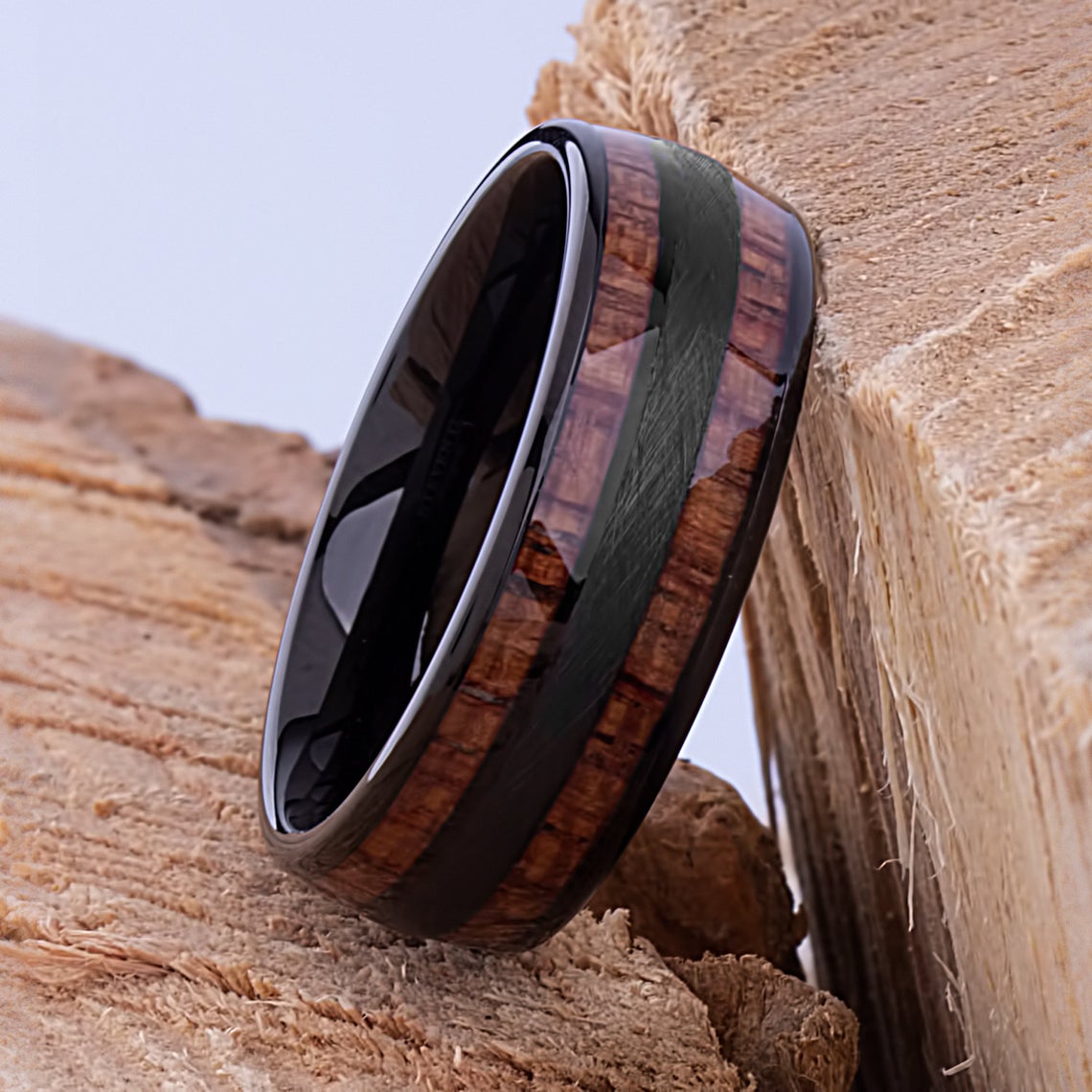 Black Tungsten Ring with Koa Wood 8mm - TCR098 black and wood engagement band or wedding ring or promise band