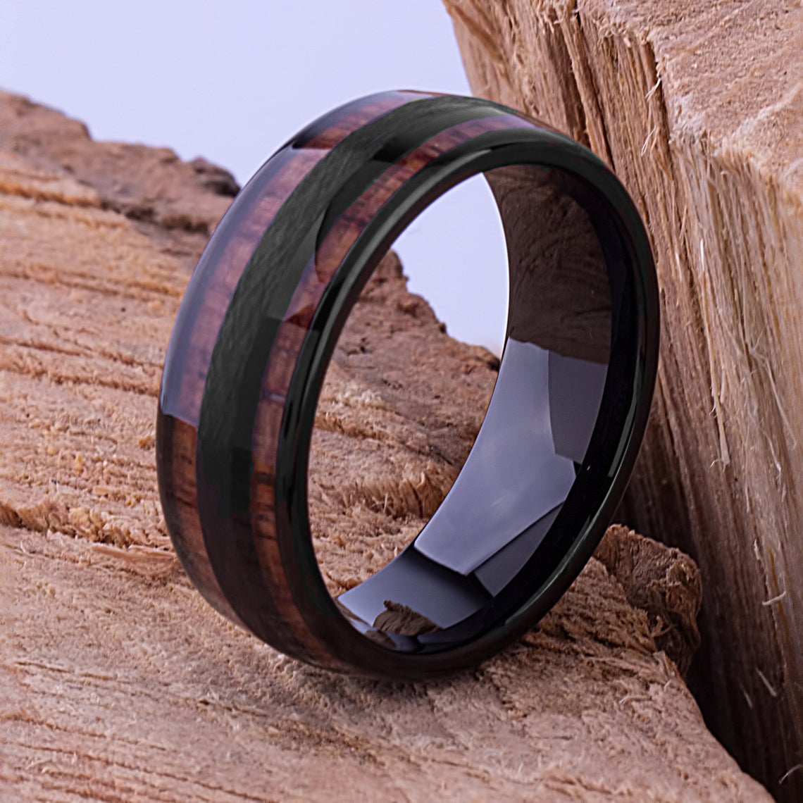 Black Tungsten Ring with Koa Wood 8mm - TCR098 black and wood engagement band or wedding ring or promise band