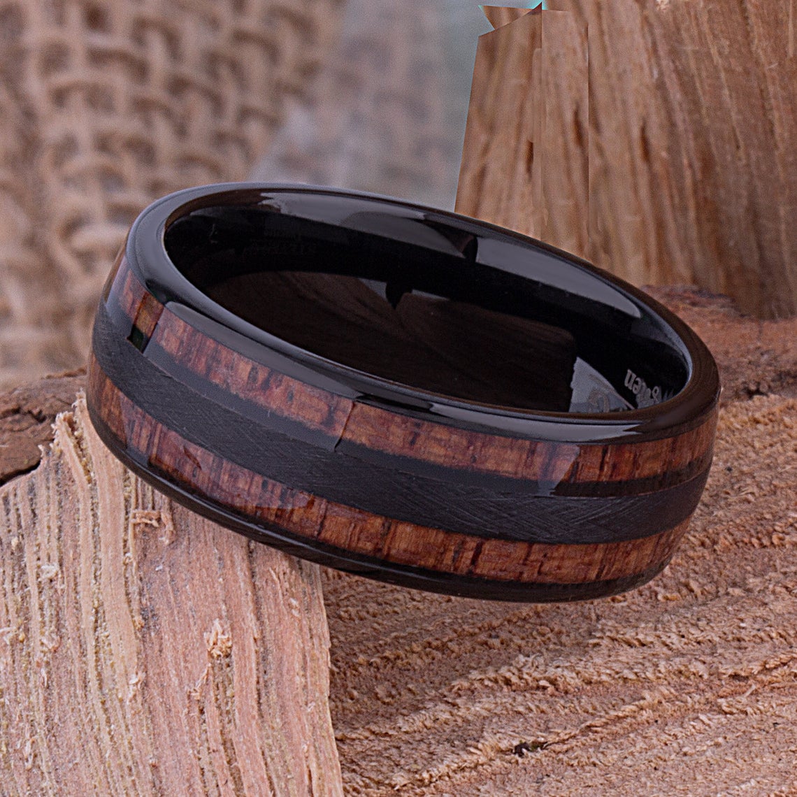 Black Tungsten Ring with Koa Wood 8mm - TCR098 black and wood engagement band or wedding ring or promise band