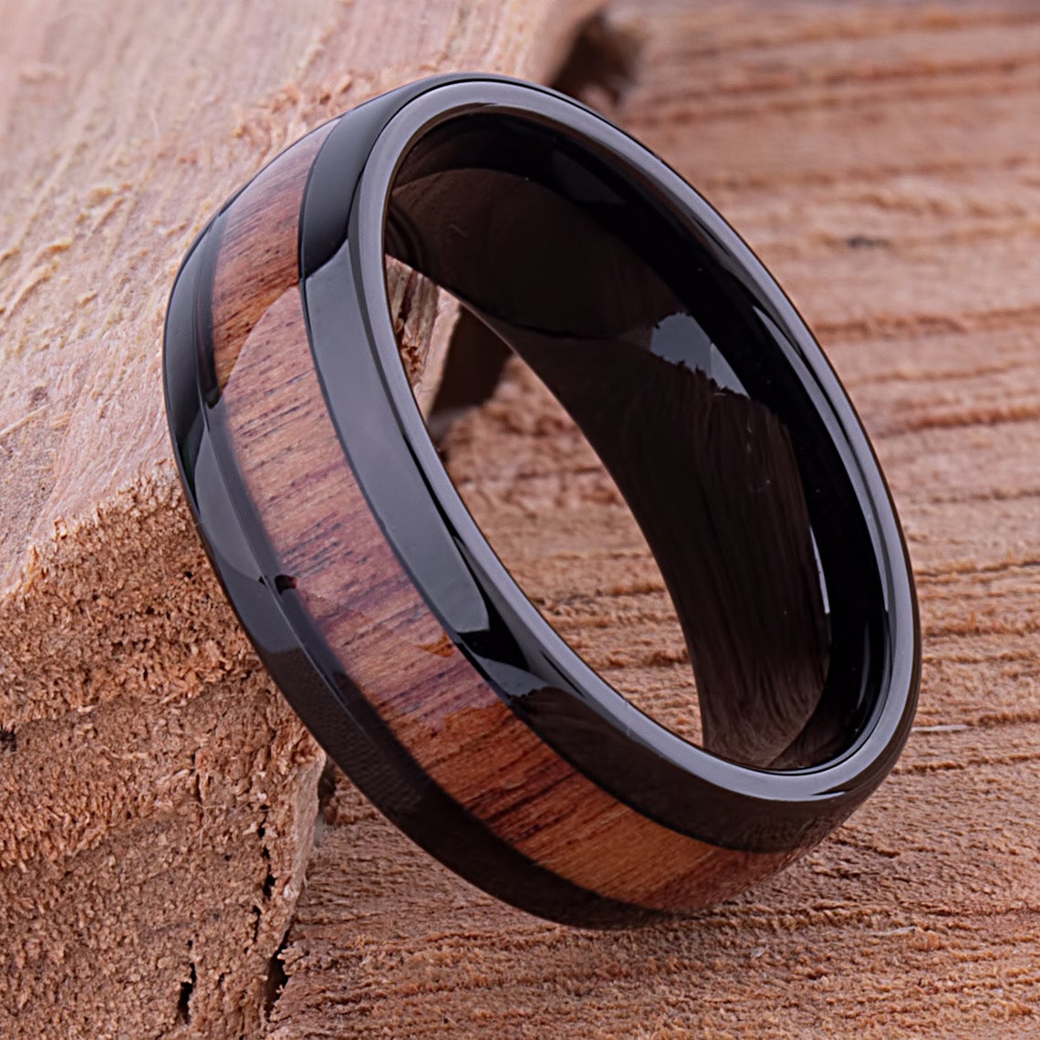 Black Tungsten Band with Koa Wood 8mm - TCR076 black and wood engagement or wedding ring or promise band for boyfriend