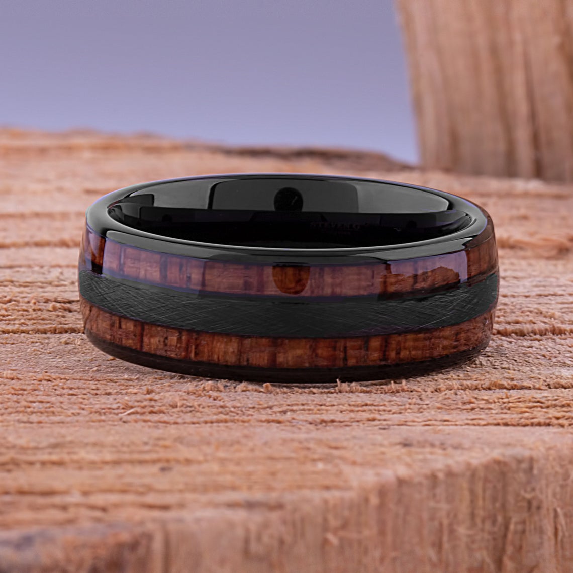 Black Tungsten Ring with Koa Wood 8mm - TCR098 black and wood engagement band or wedding ring or promise band