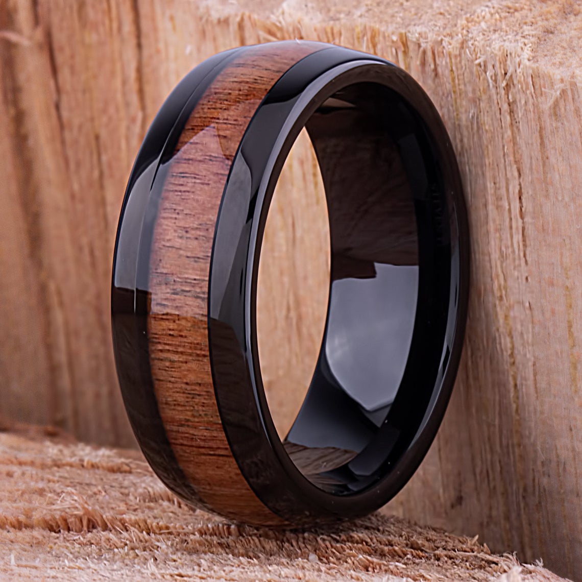 Black Tungsten Band with Koa Wood 8mm - TCR076 black and wood engagement or wedding ring or promise band for boyfriend