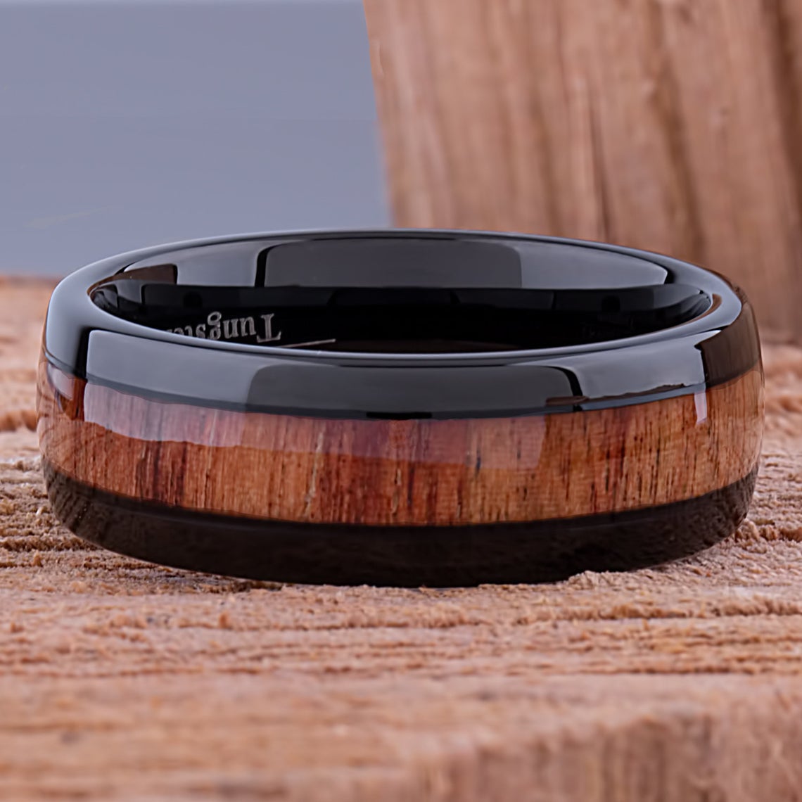 Black Tungsten Band with Koa Wood 8mm - TCR076 black and wood engagement or wedding ring or promise band for boyfriend