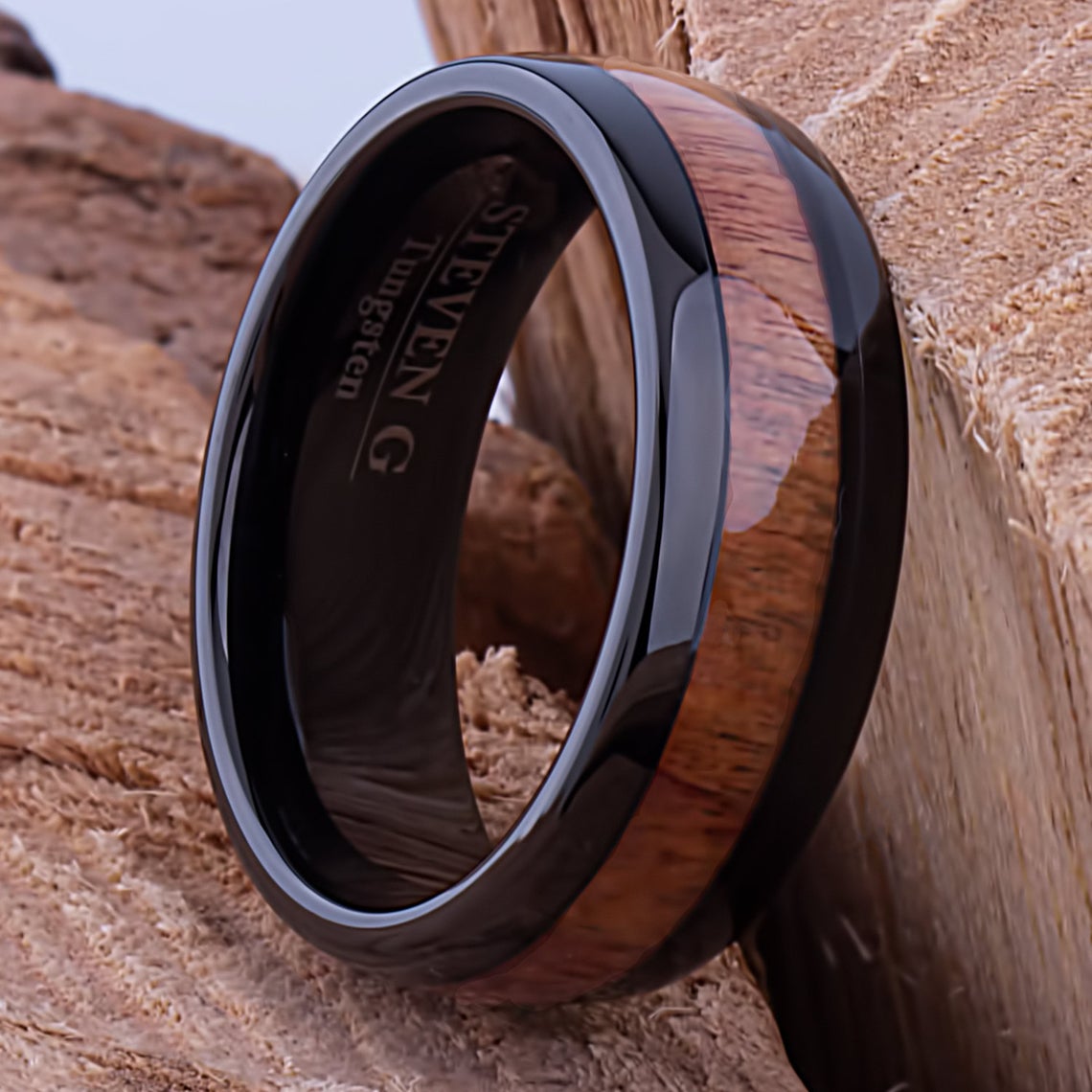 Black Tungsten Band with Koa Wood 8mm - TCR076 black and wood engagement or wedding ring or promise band for boyfriend