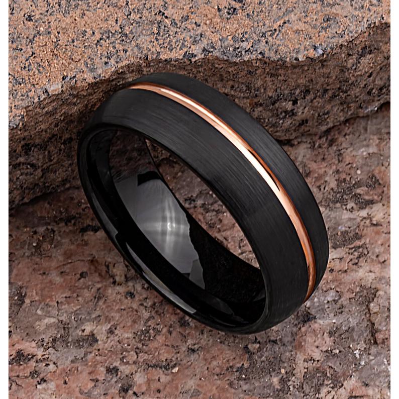 Black Tungsten Ring with Rose Gold 8mm - TCR089 black and rose gold men’s wedding or engagement band or promise ring