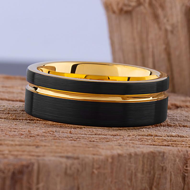 Tungsten Carbide Men's Wedding Band or Man's Engagement Ring 8mm Wide Flat Satin Finish Two-Toned Black and Yellow Gold IP Plating