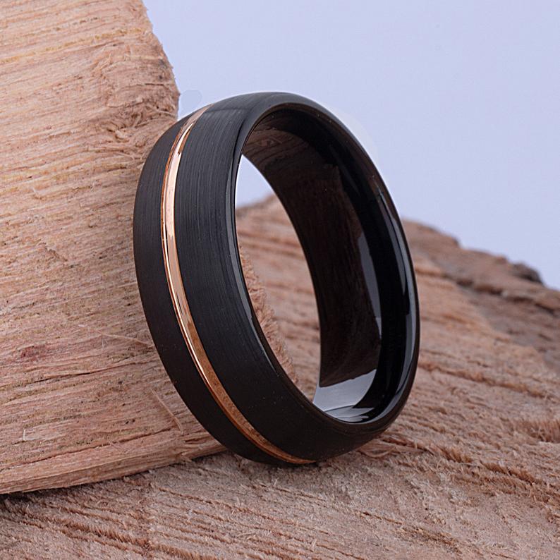Black Tungsten Ring with Rose Gold 8mm - TCR089 black and rose gold men’s wedding or engagement band or promise ring