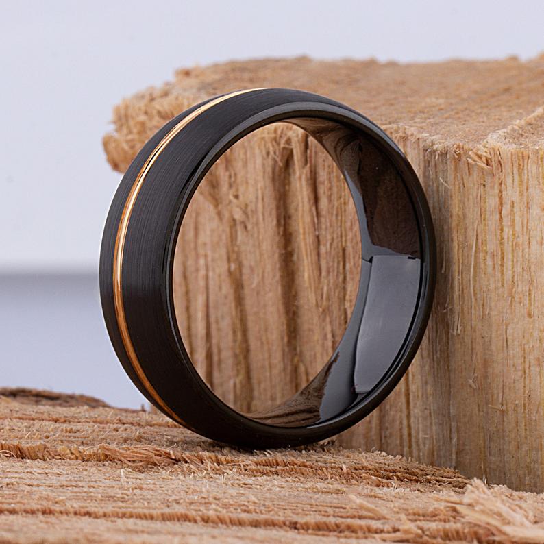 Black Tungsten Ring with Rose Gold 8mm - TCR089 black and rose gold men’s wedding or engagement band or promise ring