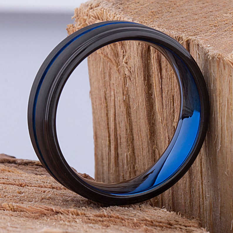 Black with Blue Tungsten Band 8mm - TCR088 unique black and blue men’s engagement or wedding ring or anniversary band