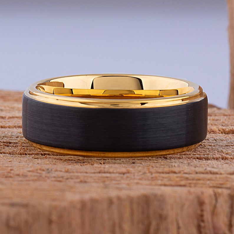 Black and Yellow Tungsten Band 8mm - TCR085 black and yellow gold men’s wedding or engagement band or promise ring