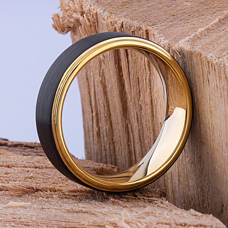 Black and Yellow Tungsten Band 8mm - TCR085 black and yellow gold men’s wedding or engagement band or promise ring