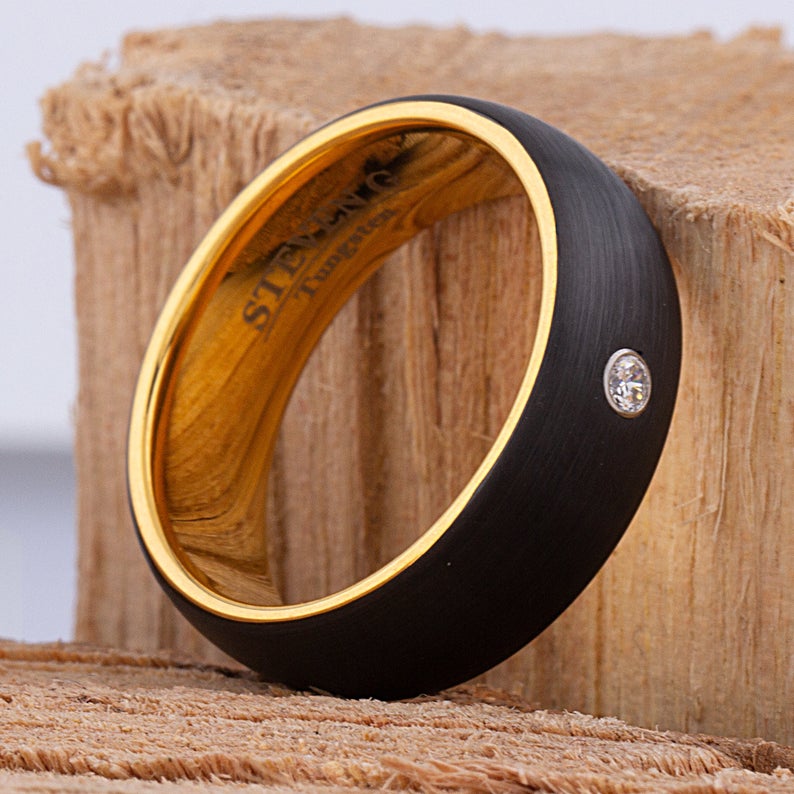 Black and Yellow Tungsten Ring with 3mm CZ - 8mm - TCR090 black yellow gold men’s wedding or engagement band or promise ring