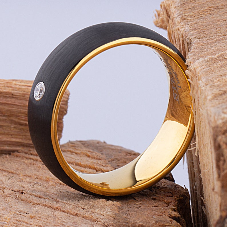 Black and Yellow Tungsten Ring with 3mm CZ - 8mm - TCR090 black yellow gold men’s wedding or engagement band or promise ring
