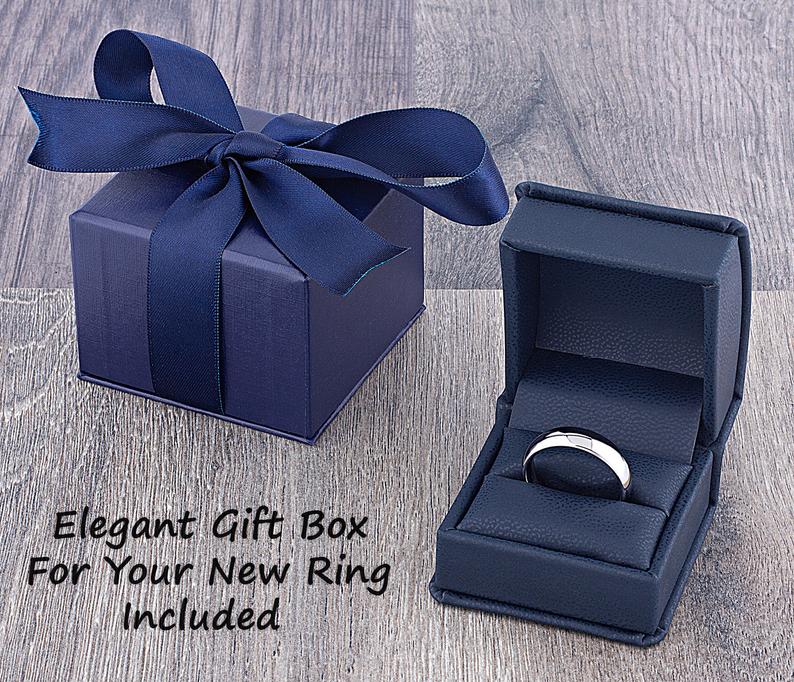 Black Tungsten Wedding Ring or Engagement Band 8mm Wide with Natural Koa Wood and Abalone Shell Inlay - elegant leatherette ring box with ribbon bow