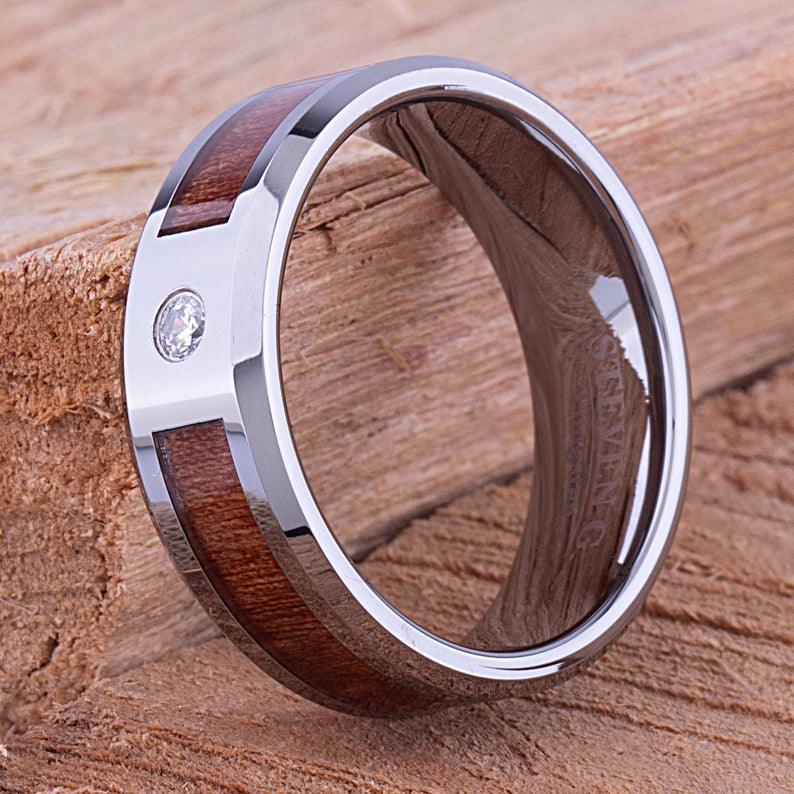 Tungsten Ring with Koa Wood & 3mm CZ - 8mm Wide - TCR084 cubic and wood engagement or wedding ring or promise band for boyfriend