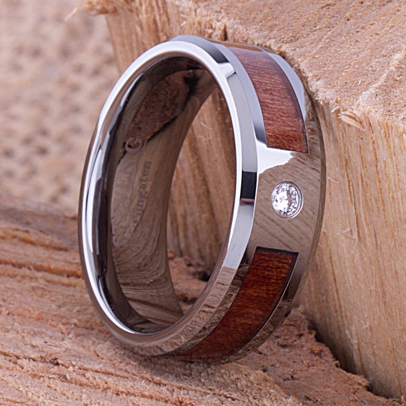 Tungsten Ring with Koa Wood & 3mm CZ - 8mm Wide - TCR084 cubic and wood engagement or wedding ring or promise band for boyfriend