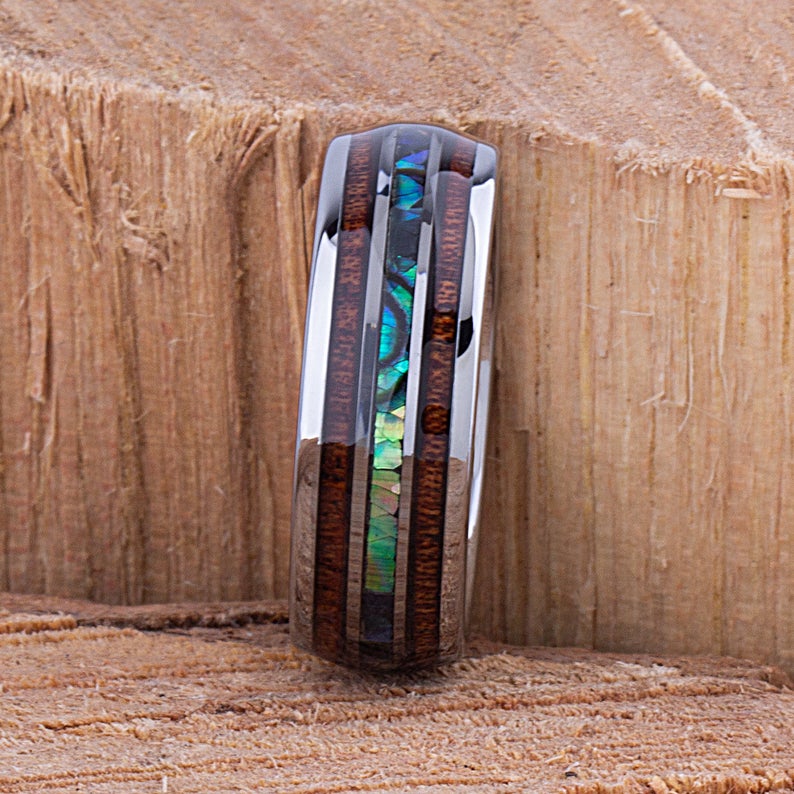 Tungsten Ring with Koa Wood and Abalone Shell 8mm - TCR096 wood and shell engagement band or wedding ring or promise band
