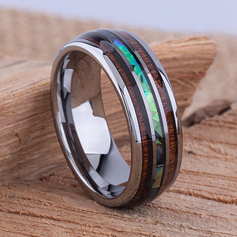 Tungsten Ring with Koa Wood and Abalone Shell 8mm - TCR096 wood and shell engagement band or wedding ring or promise band