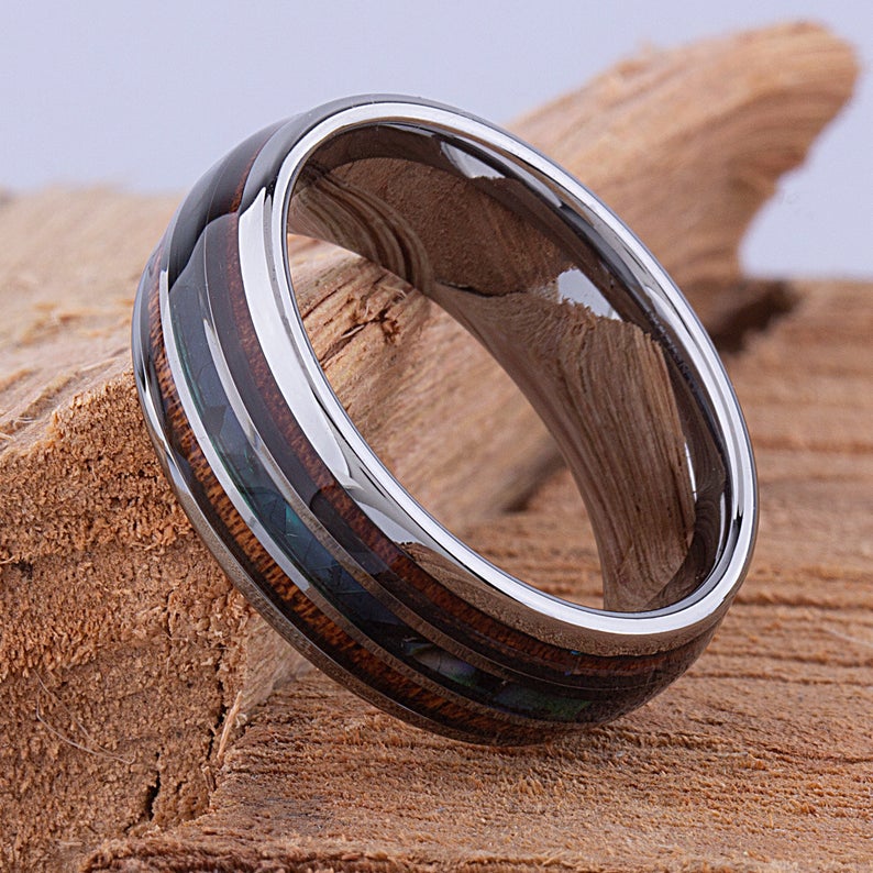 Tungsten Ring with Koa Wood and Abalone Shell 8mm - TCR096 wood and shell engagement band or wedding ring or promise band