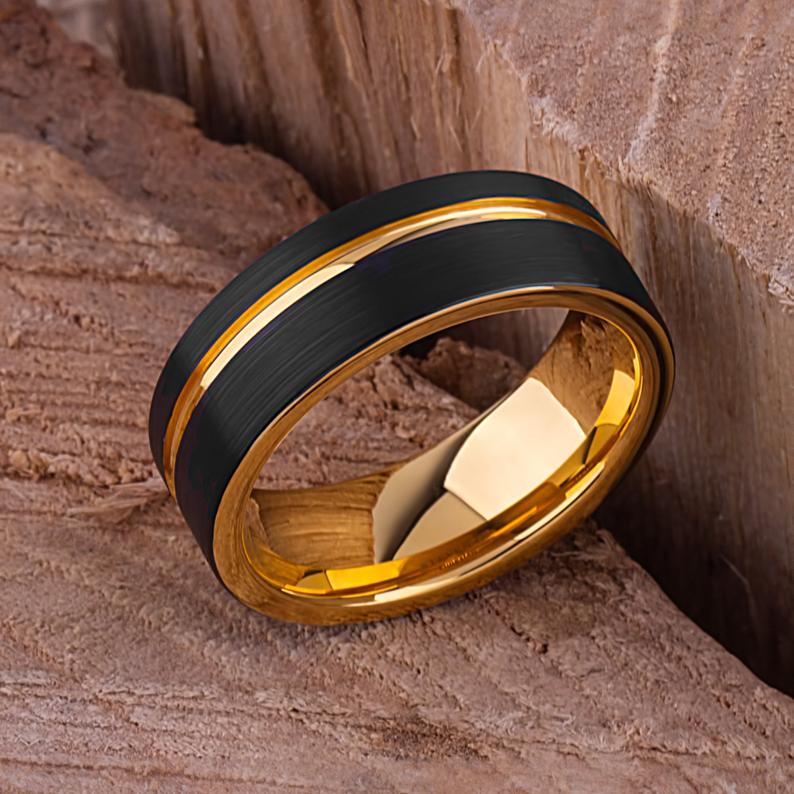 Tungsten Carbide Men's Wedding Band or Man's Engagement Ring 8mm Wide Flat Satin Finish Two-Toned Black and Yellow Gold IP Plating