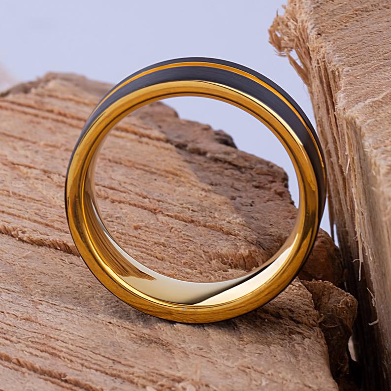 Tungsten Carbide Men's Wedding Band or Man's Engagement Ring 8mm Wide Flat Satin Finish Two-Toned Black and Yellow Gold IP Plating