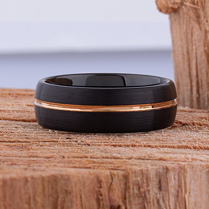 Black Tungsten Ring with Rose Gold 8mm - TCR089 black and rose gold men’s wedding or engagement band or promise ring