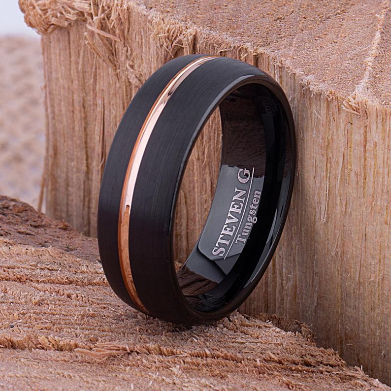Black Tungsten Ring with Rose Gold 8mm - TCR089 black and rose gold men’s wedding or engagement band or promise ring