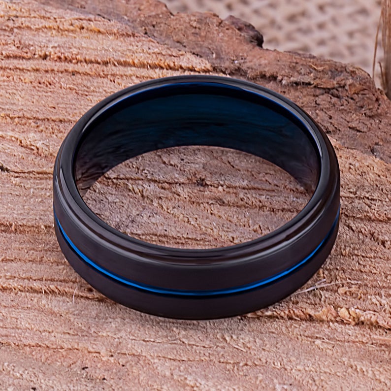 Black with Blue Tungsten Band 8mm - TCR088 unique black and blue men’s engagement or wedding ring or anniversary band