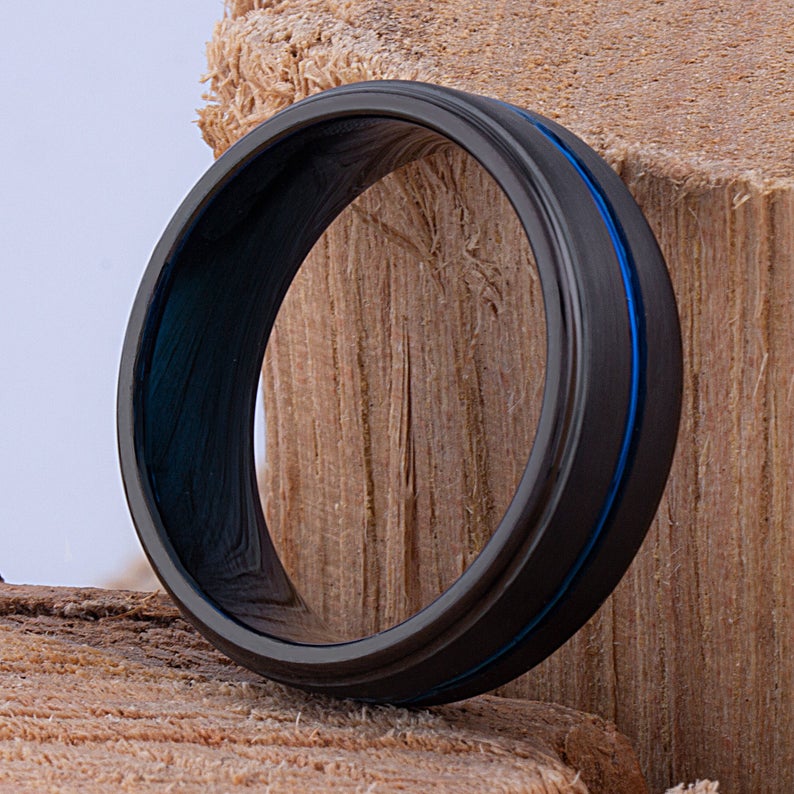 Black with Blue Tungsten Band 8mm - TCR088 unique black and blue men’s engagement or wedding ring or anniversary band