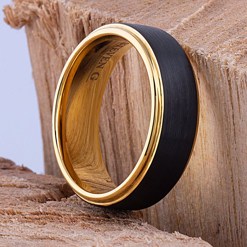 Black and Yellow Tungsten Band 8mm - TCR085 black and yellow gold men’s wedding or engagement band or promise ring