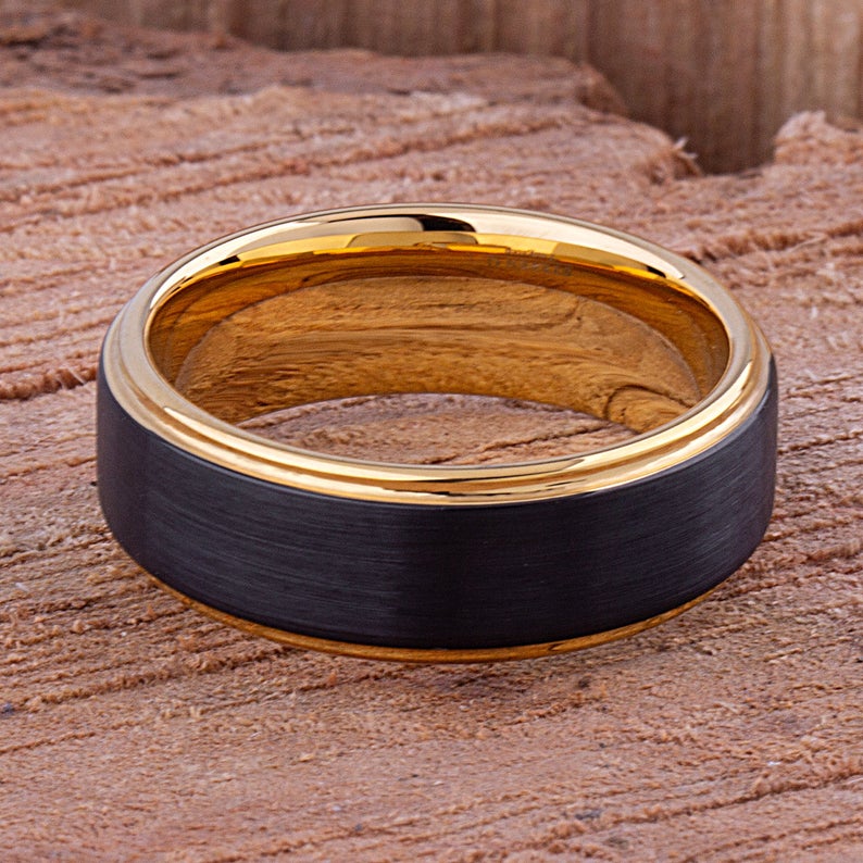 Black and Yellow Tungsten Band 8mm - TCR085 black and yellow gold men’s wedding or engagement band or promise ring