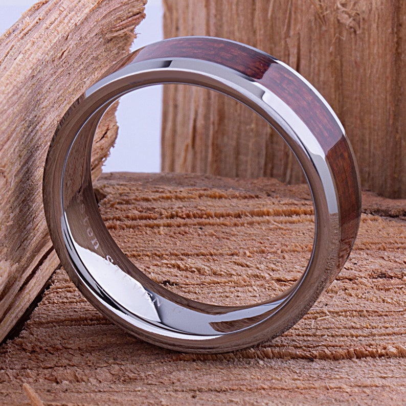 Tungsten Wedding Band with Koa Wood 8mm - TCR051 men’s wood engagement band or promise ring for him Steven G Designs Ltd