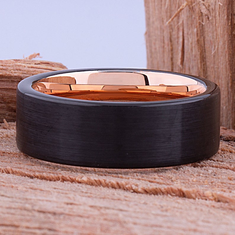 Black and Rose Gold Tungsten Ring 8mm - TCR083 black and rose gold men’s wedding or engagement band or promise ring