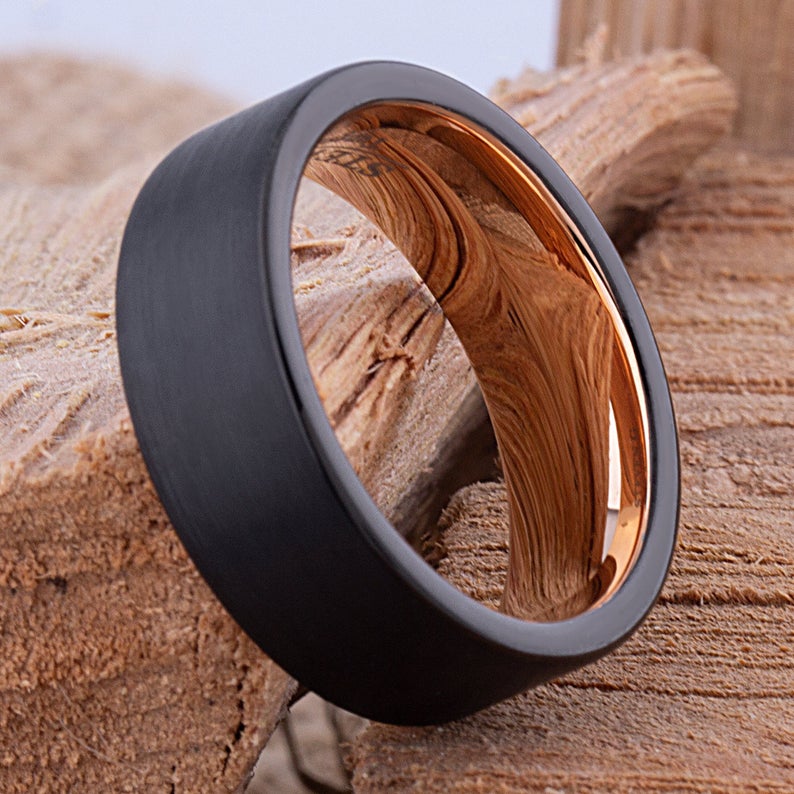 Black and Rose Gold Tungsten Ring 8mm - TCR083 black and rose gold men’s wedding or engagement band or promise ring