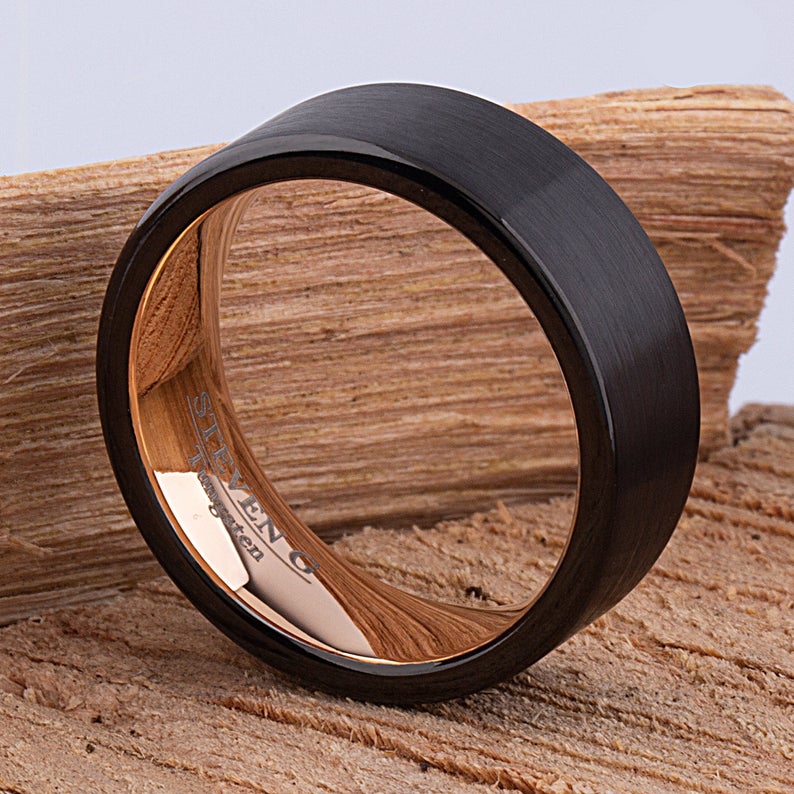 Black and Rose Gold Tungsten Ring 8mm - TCR083 black and rose gold men’s wedding or engagement band or promise ring