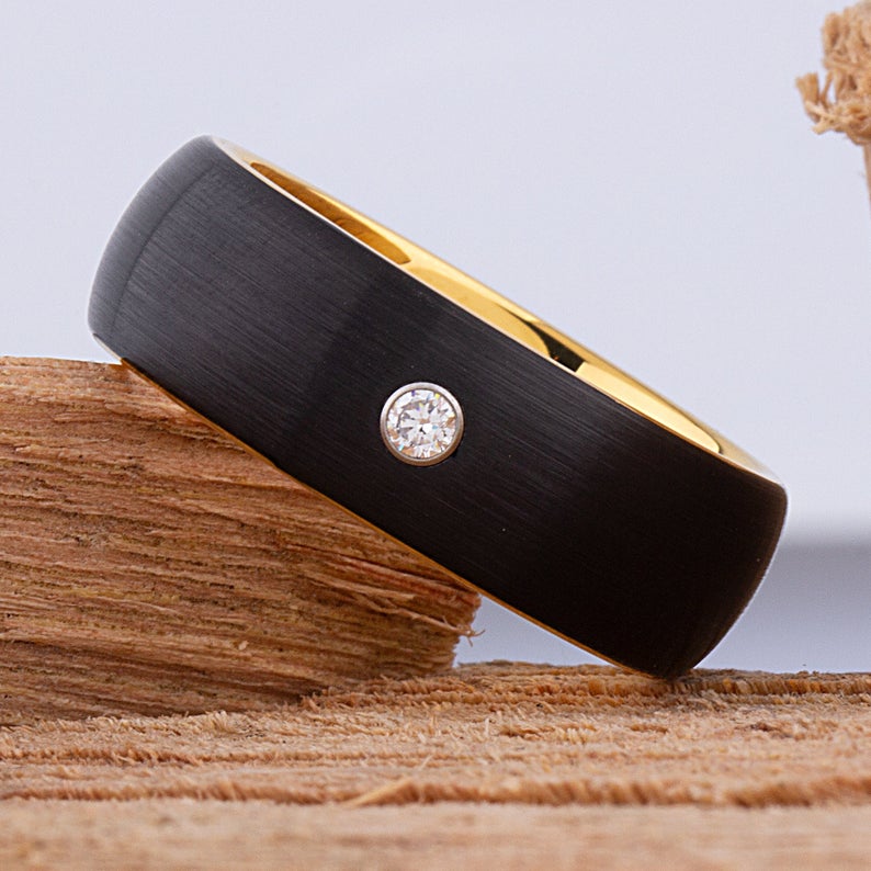Black and Yellow Tungsten Ring with 3mm CZ - 8mm - TCR090 black yellow gold men’s wedding or engagement band or promise ring