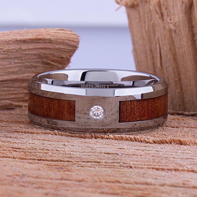 Tungsten Ring with Koa Wood & 3mm CZ - 8mm Wide - TCR084 cubic and wood engagement or wedding ring or promise band for boyfriend
