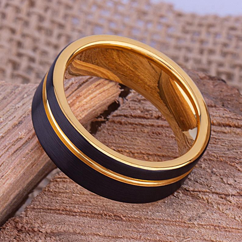 Tungsten Carbide Men's Wedding Band or Man's Engagement Ring 8mm Wide Flat Satin Finish Two-Toned Black and Yellow Gold IP Plating