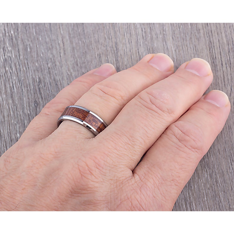 Tungsten Wedding Band with Koa Wood 8mm - TCR051 men’s wood engagement band or promise ring for him Steven G Designs Ltd
