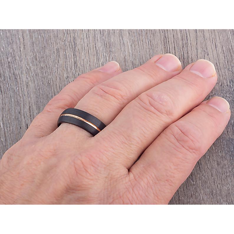 Black Tungsten Ring with Rose Gold 8mm - TCR089 black and rose gold men’s wedding or engagement band or promise ring