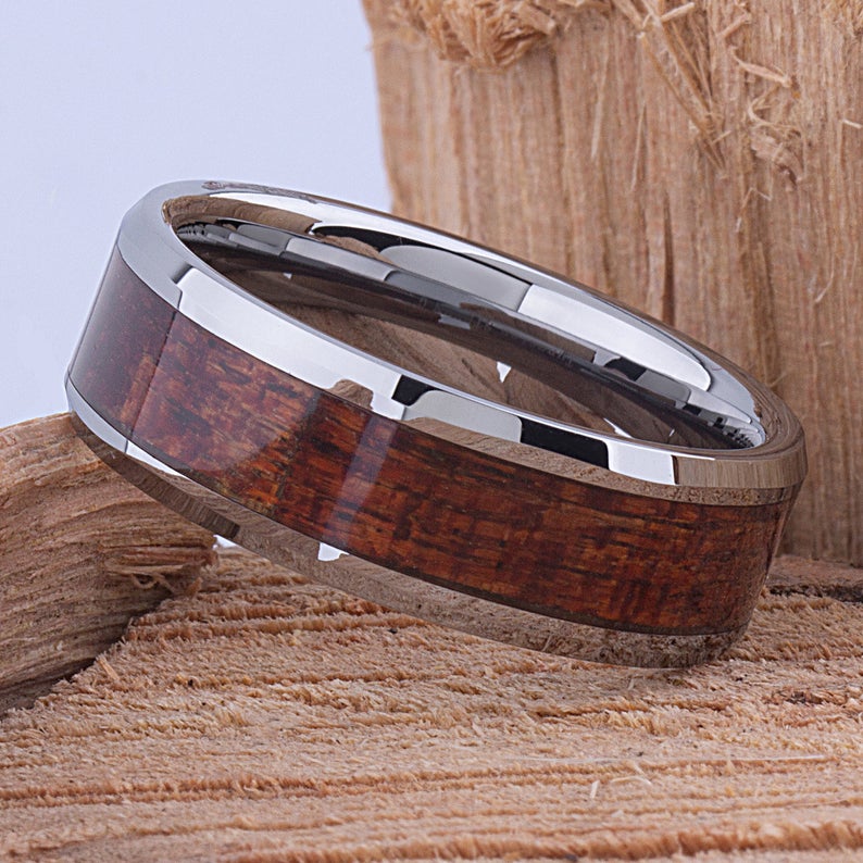 Tungsten Wedding Band with Koa Wood 8mm - TCR051 men’s wood engagement band or promise ring for him Steven G Designs Ltd