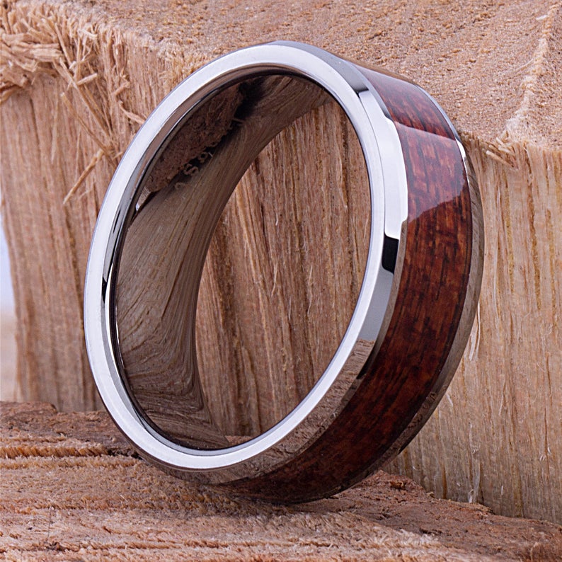 Tungsten Wedding Band with Koa Wood 8mm - TCR051 men’s wood engagement band or promise ring for him Steven G Designs Ltd