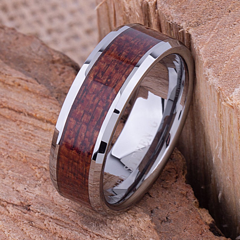 Tungsten Wedding Band with Koa Wood 8mm - TCR051 men’s wood engagement band or promise ring for him Steven G Designs Ltd