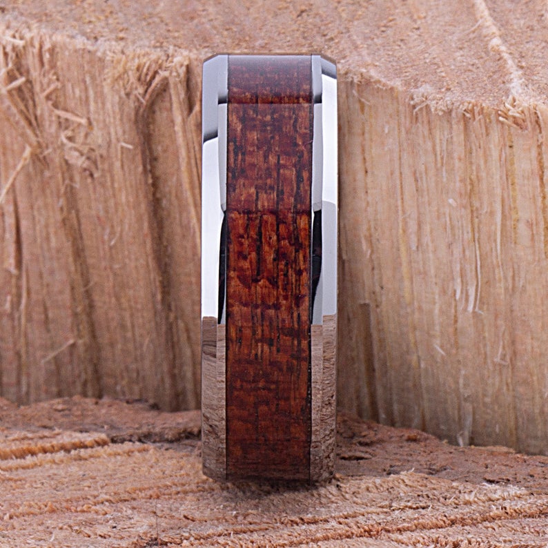 Tungsten Wedding Band with Koa Wood 8mm - TCR051 men’s wood engagement band or promise ring for him Steven G Designs Ltd