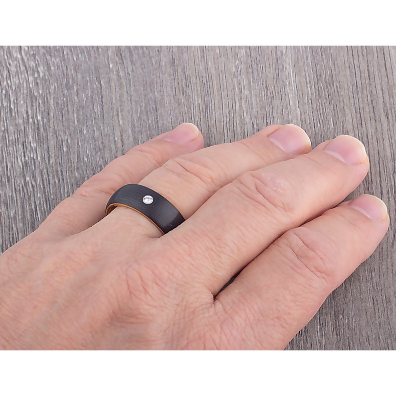 Black and Yellow Tungsten Ring with 3mm CZ - 8mm - TCR090 black yellow gold men’s wedding or engagement band or promise ring