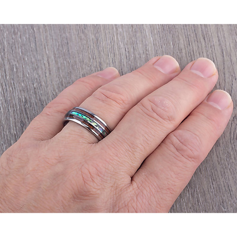 Tungsten Ring with Koa Wood and Abalone Shell 8mm - TCR096 wood and shell engagement band or wedding ring or promise band