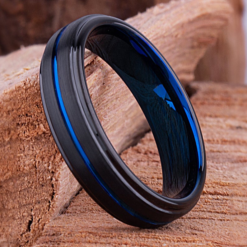 Black and Blue Tungsten Ring 6mm - TCR114 black and blue men’s wedding or engagement band or promise ring for him