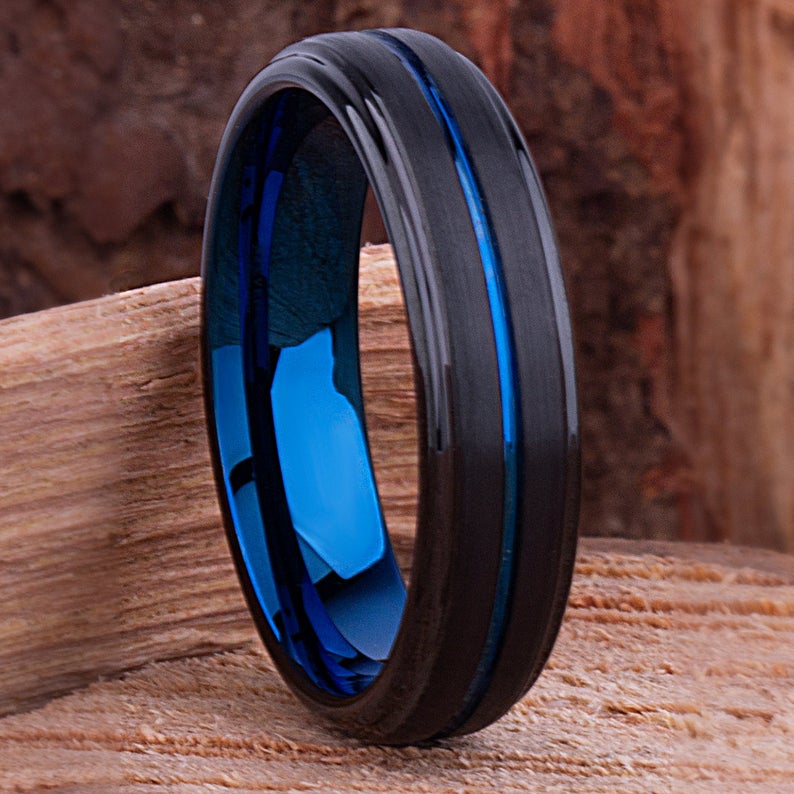 Black and Blue Tungsten Ring 6mm - TCR114 black and blue men’s wedding or engagement band or promise ring for him